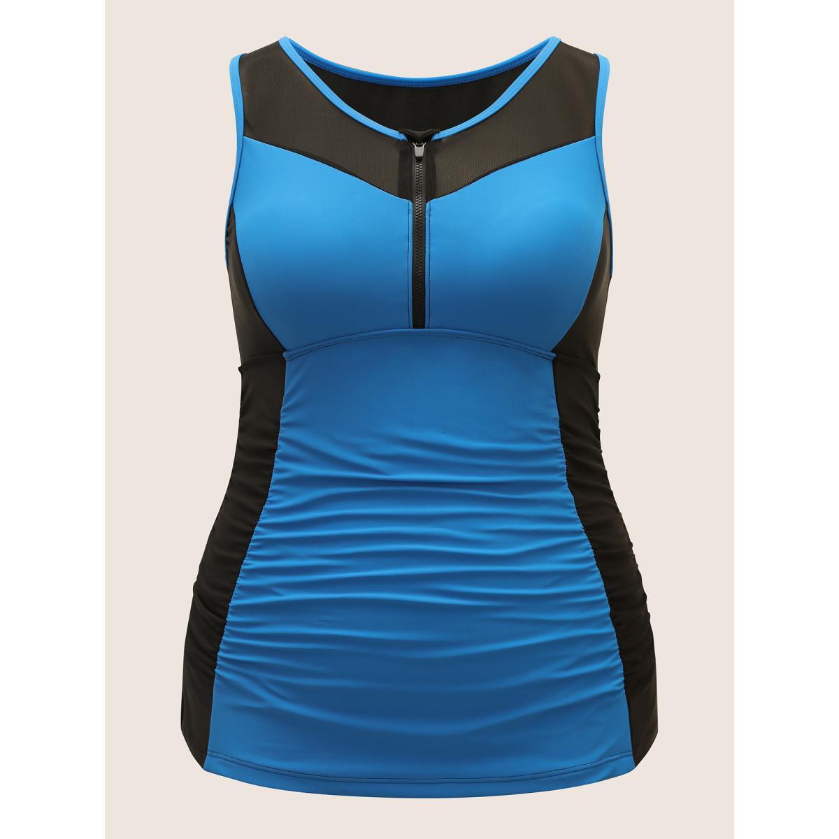 Plus Size Contrast Patchwork Gathered Half Zip Swim Top Women's Swimwear Mediumblue Beach Gathered High stretch Skinny Round Neck Curve Swim Tops BloomChic 22-24/3X Product Image