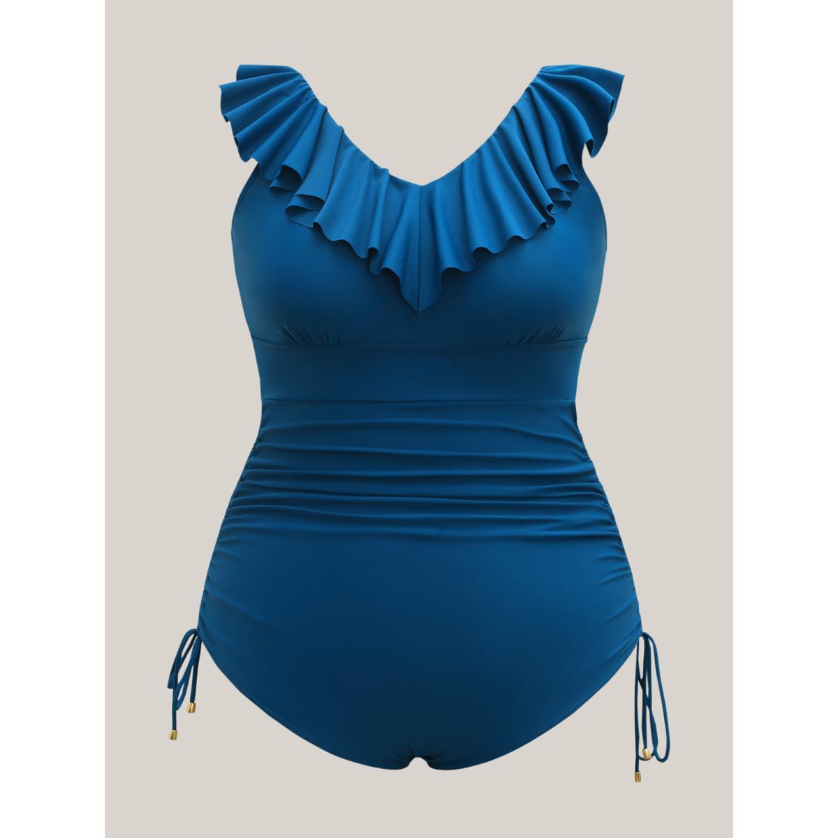Plus Size Lotus Leaf Edge Drawstring One-Piece Swimsuit Women's Swimwear Aegean Beach Drawstring Curve Bathing Suits High stretch One Pieces BloomChic 14-16/1X Product Image