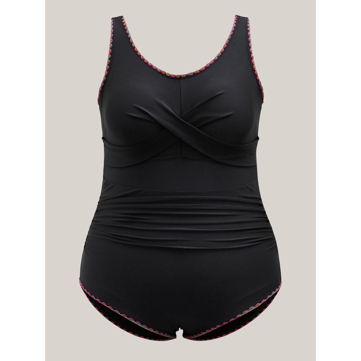 Plus Size Embroidered Twist-Front One-Piece Swimsuit Women's Swimwear Black Beach Twist Curve Bathing Suits High stretch One Pieces BloomChic 22-24/3X Product Image