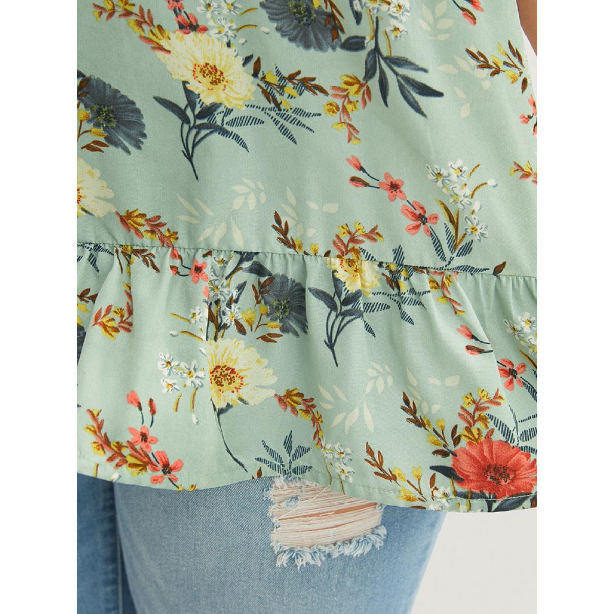 Plus Size Mint Floral Print Lace Insert Ruffles Cold Shoulder Blouse Women Elegant Short sleeve Cold Shoulder Dailywear Blouses BloomChic 28/5X Product Image