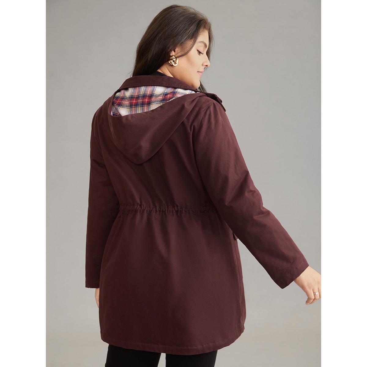 Plus Size Solid Zipper Drawstring Knot Flap Detail Coat Women Burgundy Casual Lined Ladies Dailywear Winter Coats BloomChic 10/M Product Image