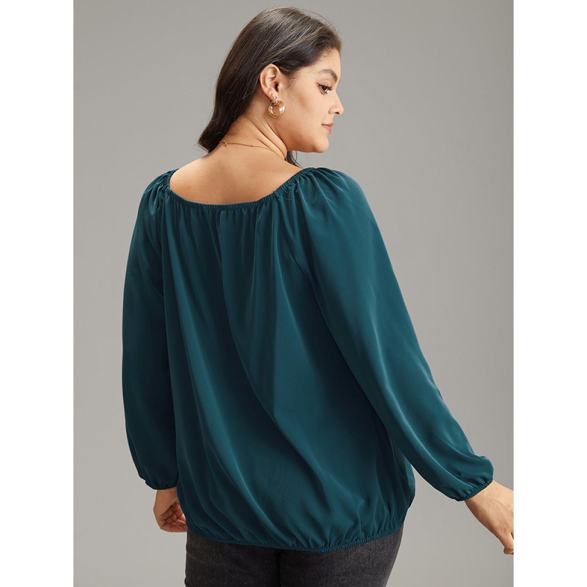 Plus Size Aegean Static-Free Solid Lantern Sleeve Plicated Detail Blouse Women Elegant Long Sleeve Square Neck Work Blouses BloomChic 30/6X Product Image