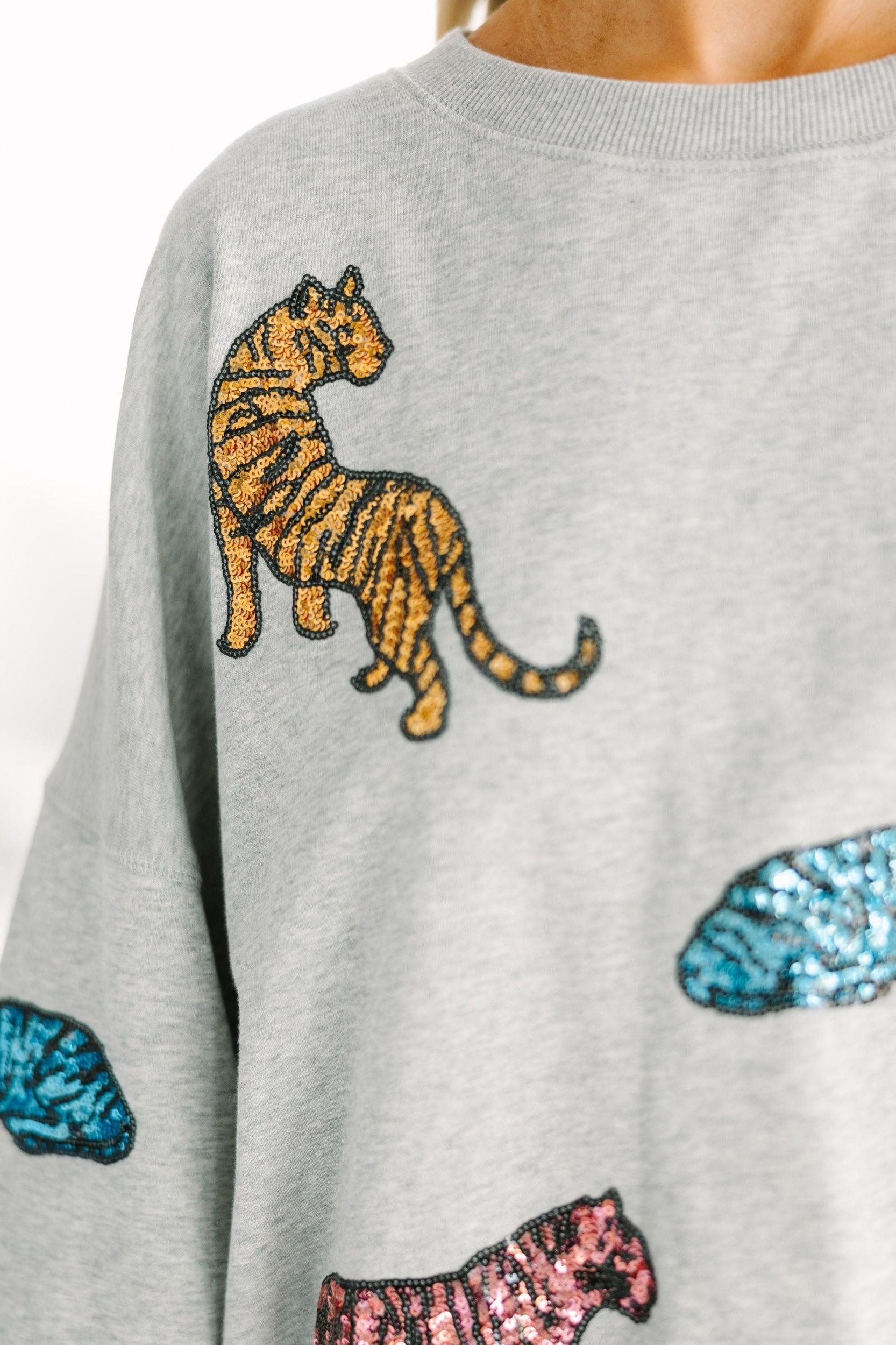 Live For Love Heather Gray Sequin Tiger Pullover Female Product Image