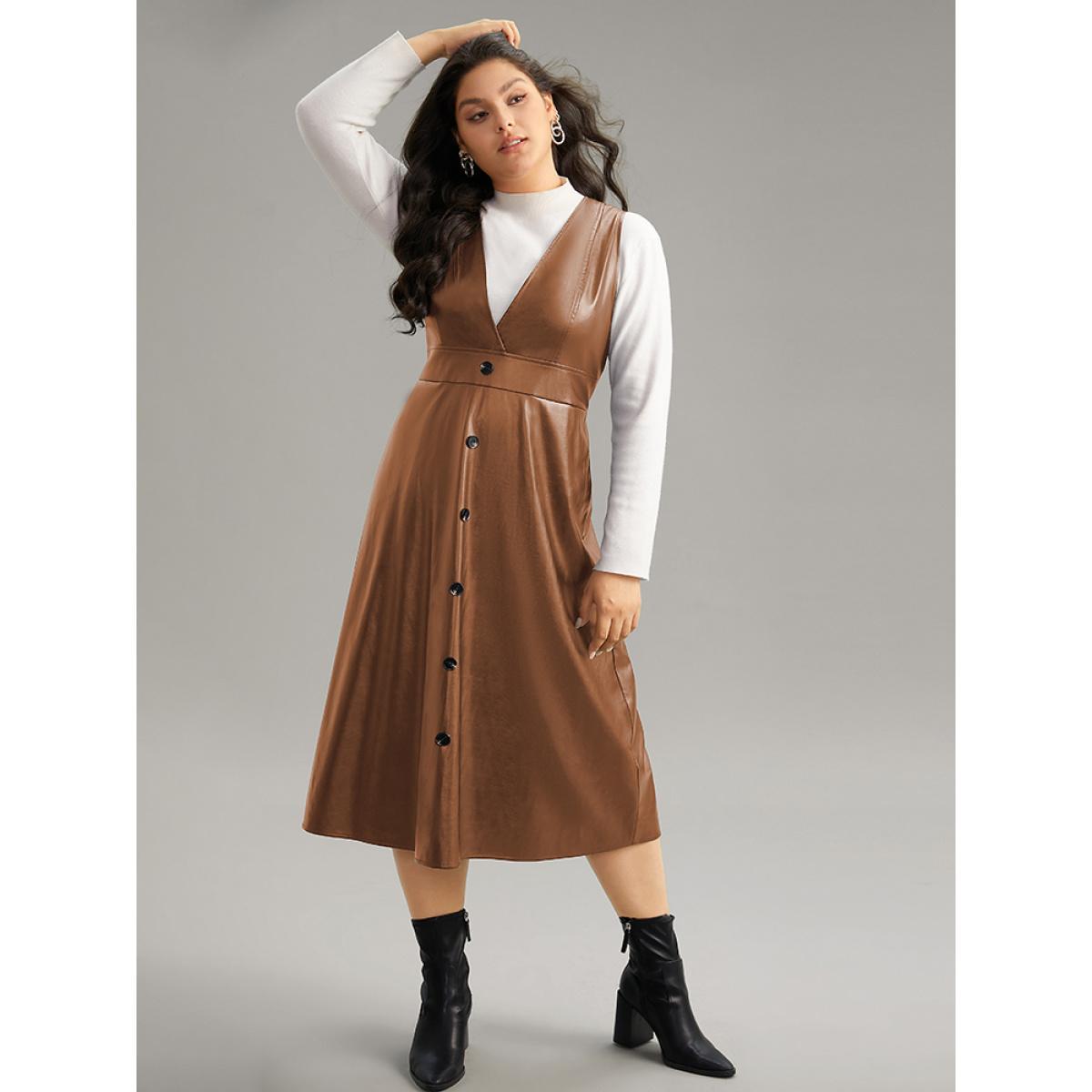 Plus Size PU Leather Sleeveless Button Detail Dress Chocolate Women Office Plain V-neck Sleeveless Curvy Midi Dress BloomChic 28/5X Product Image