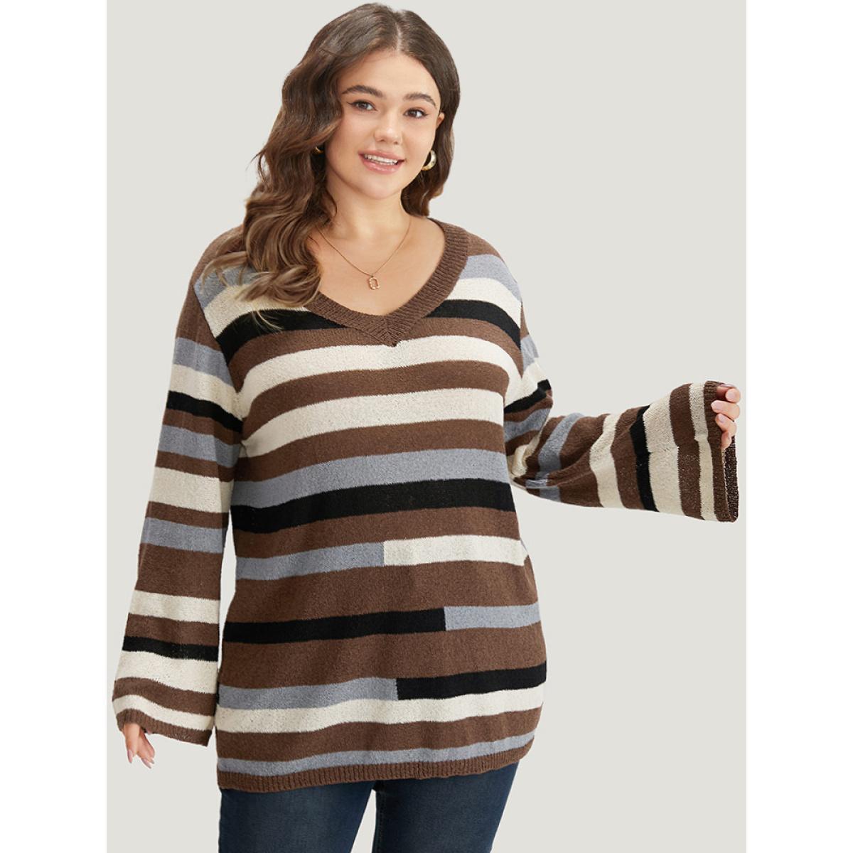 Plus Size Striped Colorblock Contrast V Neck Pullover Multicolor Women Casual Long Sleeve V-neck Dailywear Pullovers BloomChic 26/4X Product Image