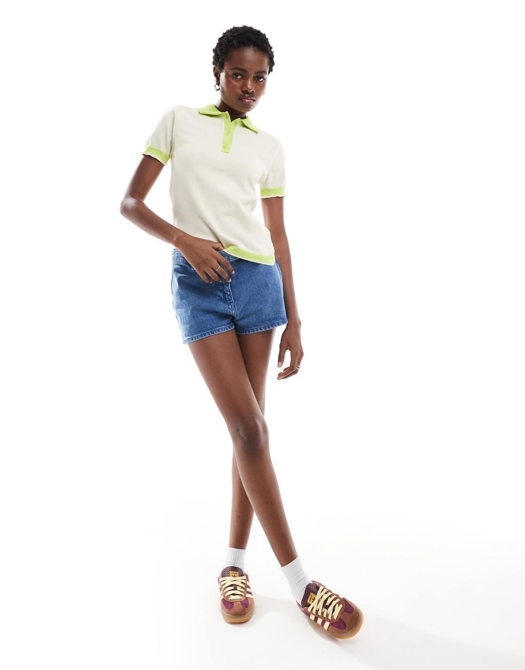 Monki short sleeve knit polo top in beige and green Product Image