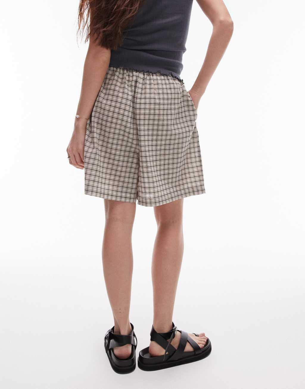 Topshop beach board shorts in beige plaid Product Image