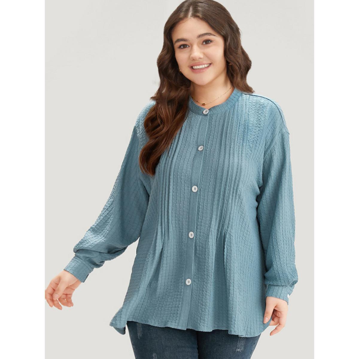 Plus Size Plisse Button Up Curved Hem Kimono Women Stone Casual Texture Everyday Kimonos BloomChic 12/L Product Image