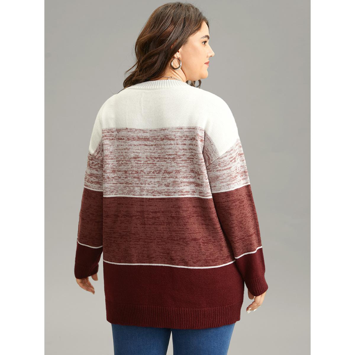 Plus Size Heather Colorblock Contrast Knit Pullover Russet Women Casual Loose Long Sleeve Round Neck Dailywear Pullovers BloomChic 26/4X Product Image