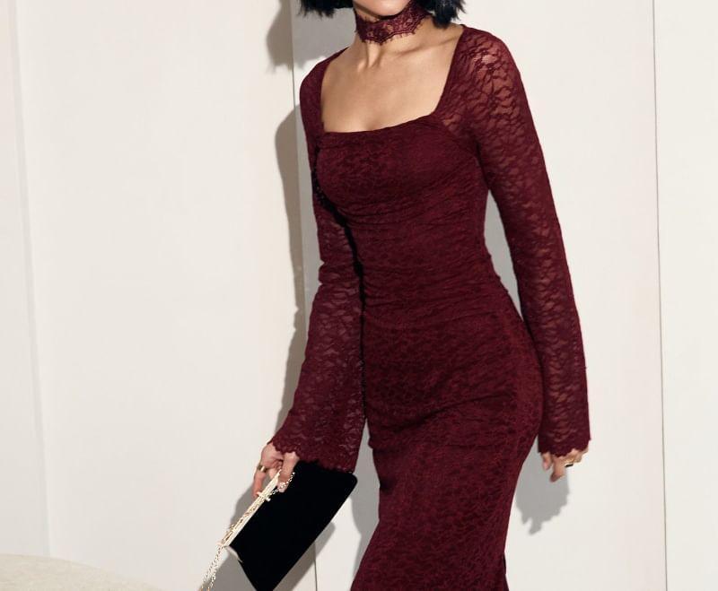 Long-Sleeve Square Neck Lace Trim Midi Sheath Dress Product Image