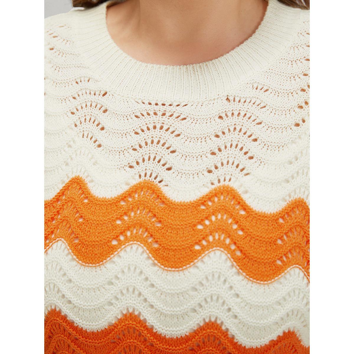 Plus Size Two Tone Eyelet Drop Shoulder Pullover Orange Women Casual Bodycon Long Sleeve Round Neck Dailywear Pullovers BloomChic 22-24/3X Product Image