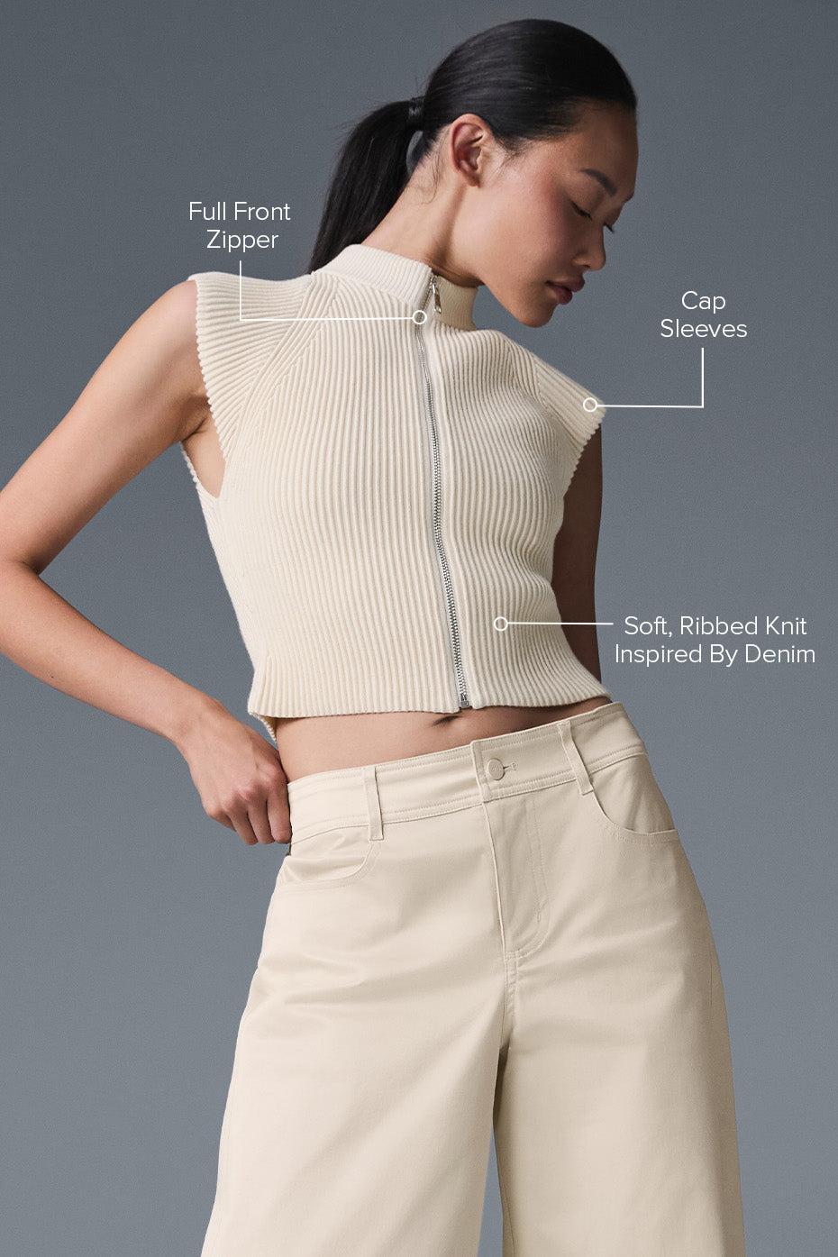 Denim Knit Sleeveless Full Zip Top - Oat Milk/Ivory Product Image