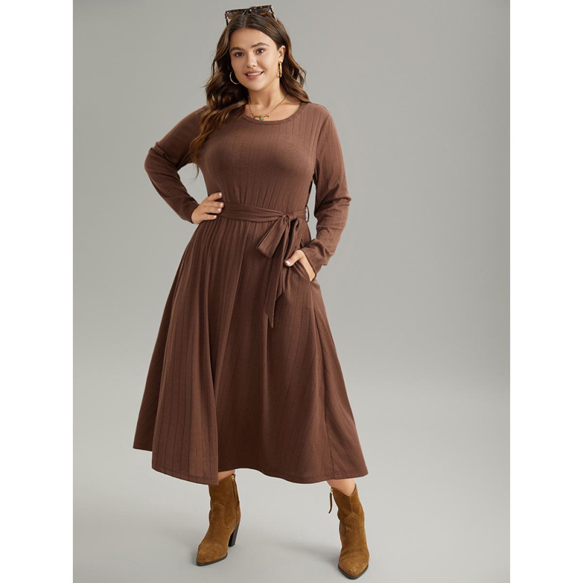 Plus Size Plain Rib Knit Belted Pocket Dress DarkBrown Women Elegant Plain Round Neck Long Sleeve Curvy Midi Dress BloomChic 26/4X Product Image