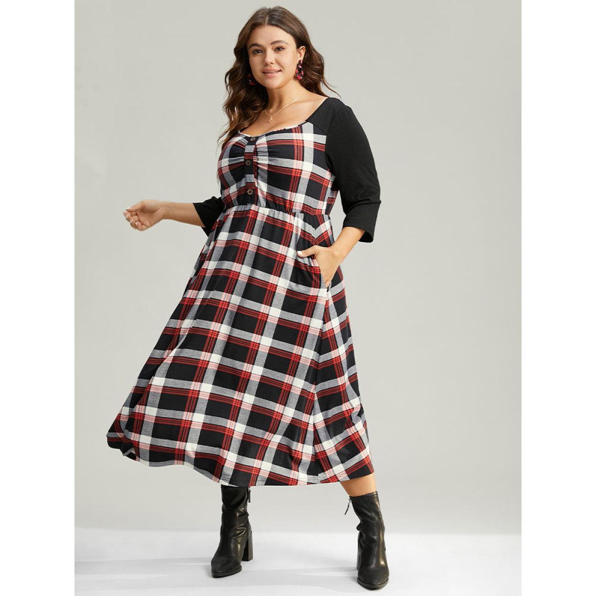 Plus Size Christmas Plaid Patchwork Pleated Square Neck Dress Red Women Office Printed Square Neck Elbow-length sleeve Curvy Midi Dress BloomChic 30/6X Product Image