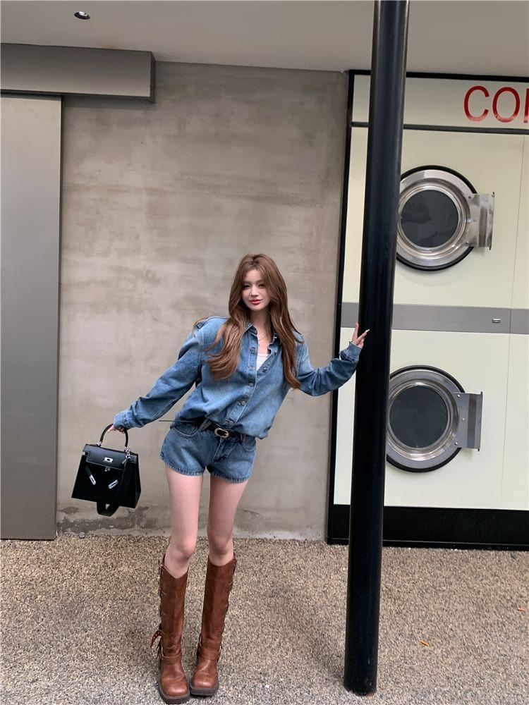 Set: Long-Sleeve Washed Button-Up Denim Shirt + Low Rise Hot Pants Product Image
