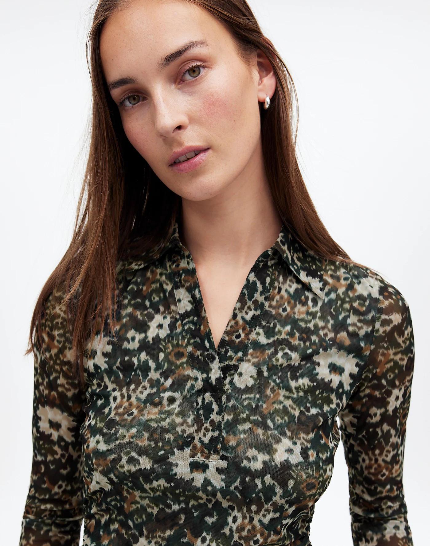 Long-Sleeve Polo Top in Floral Mesh Product Image