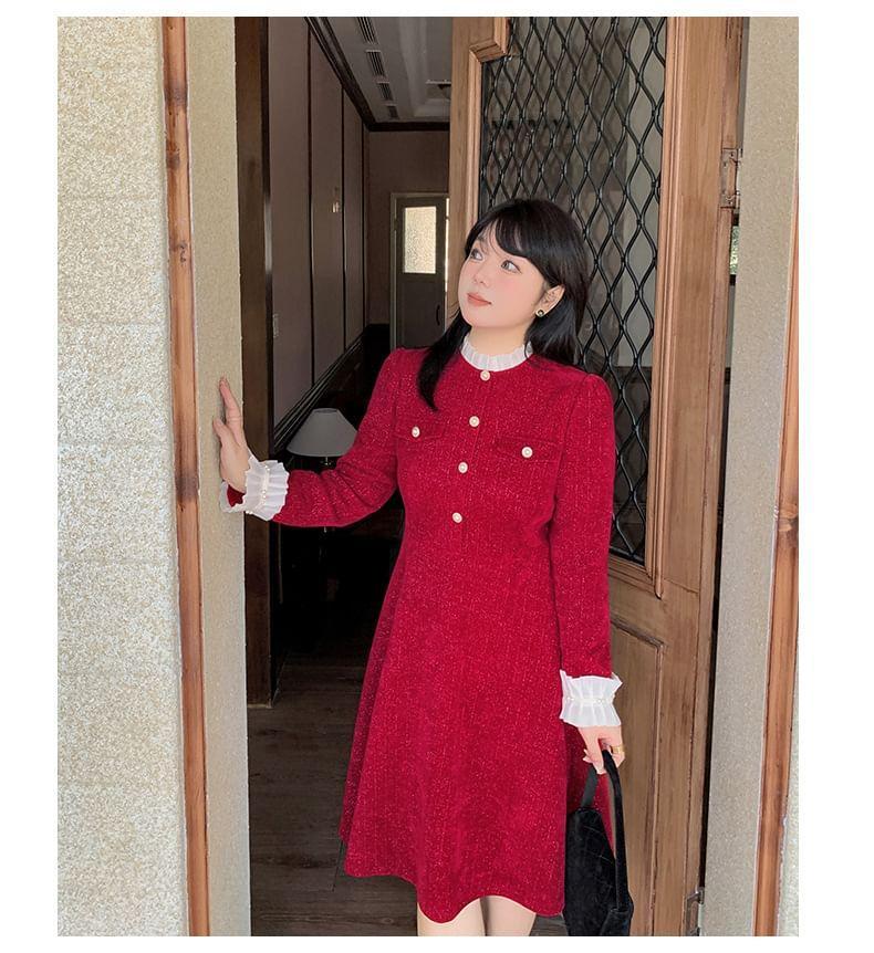 Plus Size Long-Sleeve Stand Collar Two Tone Ruffle Trim A-Line Dress Product Image