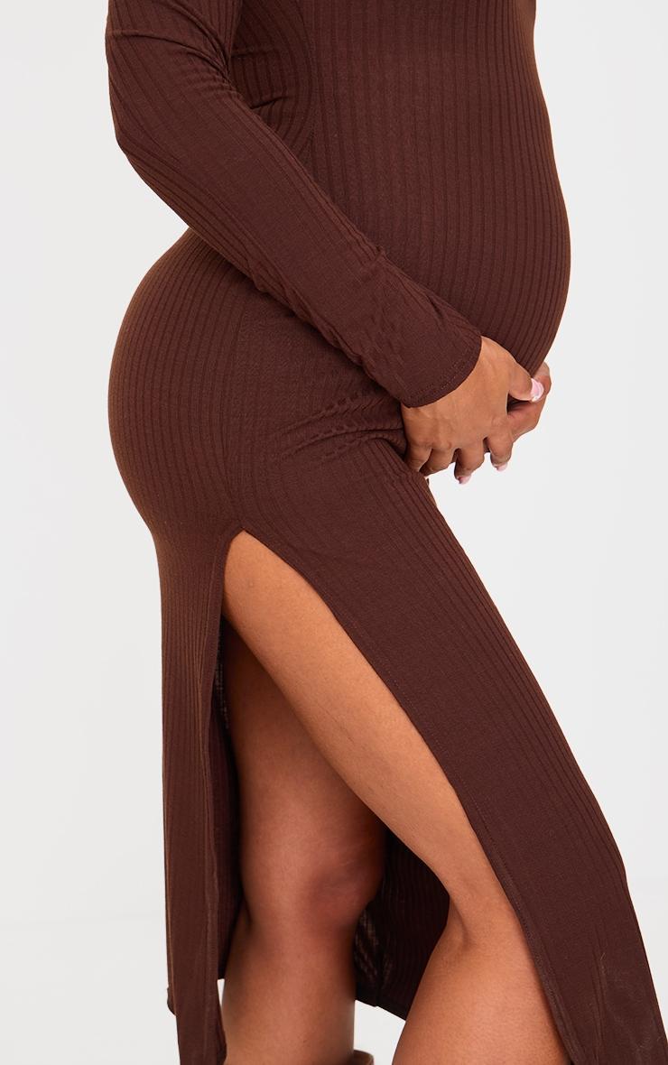 Maternity Dark Chocolate Ribbed Long Sleeve Midi Dress Product Image
