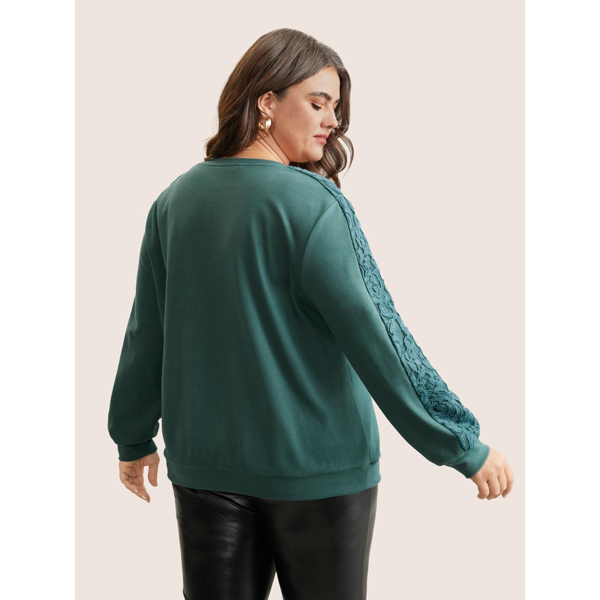 Plus Size Solid Lace Patchwork Crew Neck Sweatshirt Women Cyan Elegant Plain Round Neck Dailywear Sweatshirts BloomChic 28/5X Product Image