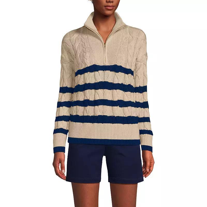 Women's Lands' End Drifter Cable Quarter Zip Sweater, Size: XL, Fresh Ivory Stripe Product Image