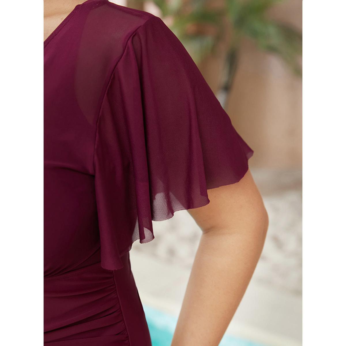 Plus Size Knotted Back Ruched Mesh Ruffle Sleeve One Piece Swimsuit Women's Swimwear RedViolet Vacation Adjustable Straps Curve Bathing Suits High stretch One Pieces BloomChic 26/4X Product Image