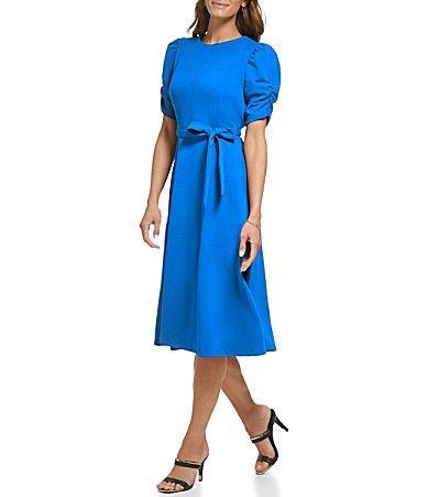 DKNY by Donna Karan Stretch Crew Neck Short Ruched Sleeve Fit and Flare Midi Dress Product Image