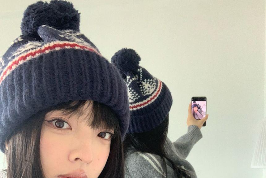 Patterned Pom Pom Knit Beanie Product Image