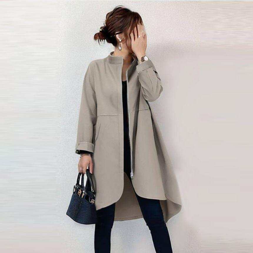 Stand Collar Plain Zip-Up Long Trench Coat Product Image