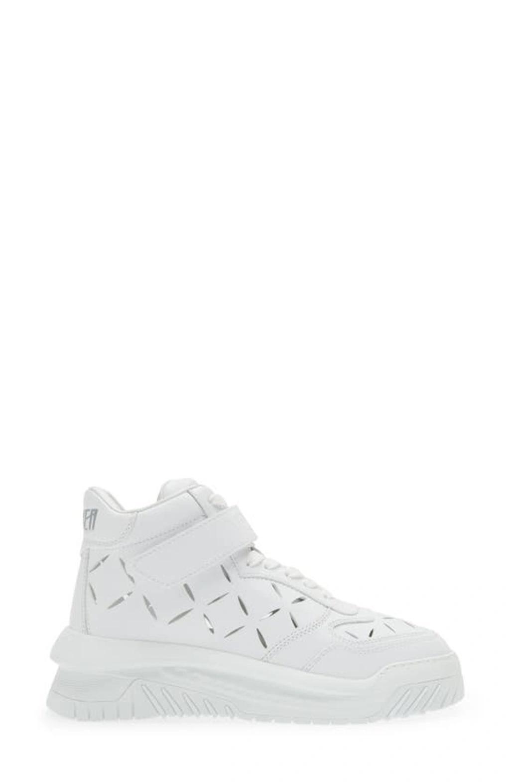 VERSACE Laser Cut Leather High-top Sneakers In White Product Image