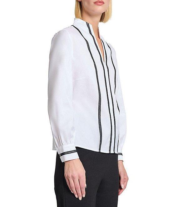 MISOOK Ribbon Trim Stand Collar Split V-Neck Long Sleeve Blouse Product Image