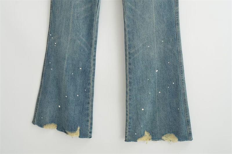Mid Rise Washed Rhinestone Ripped Flared Jeans Product Image