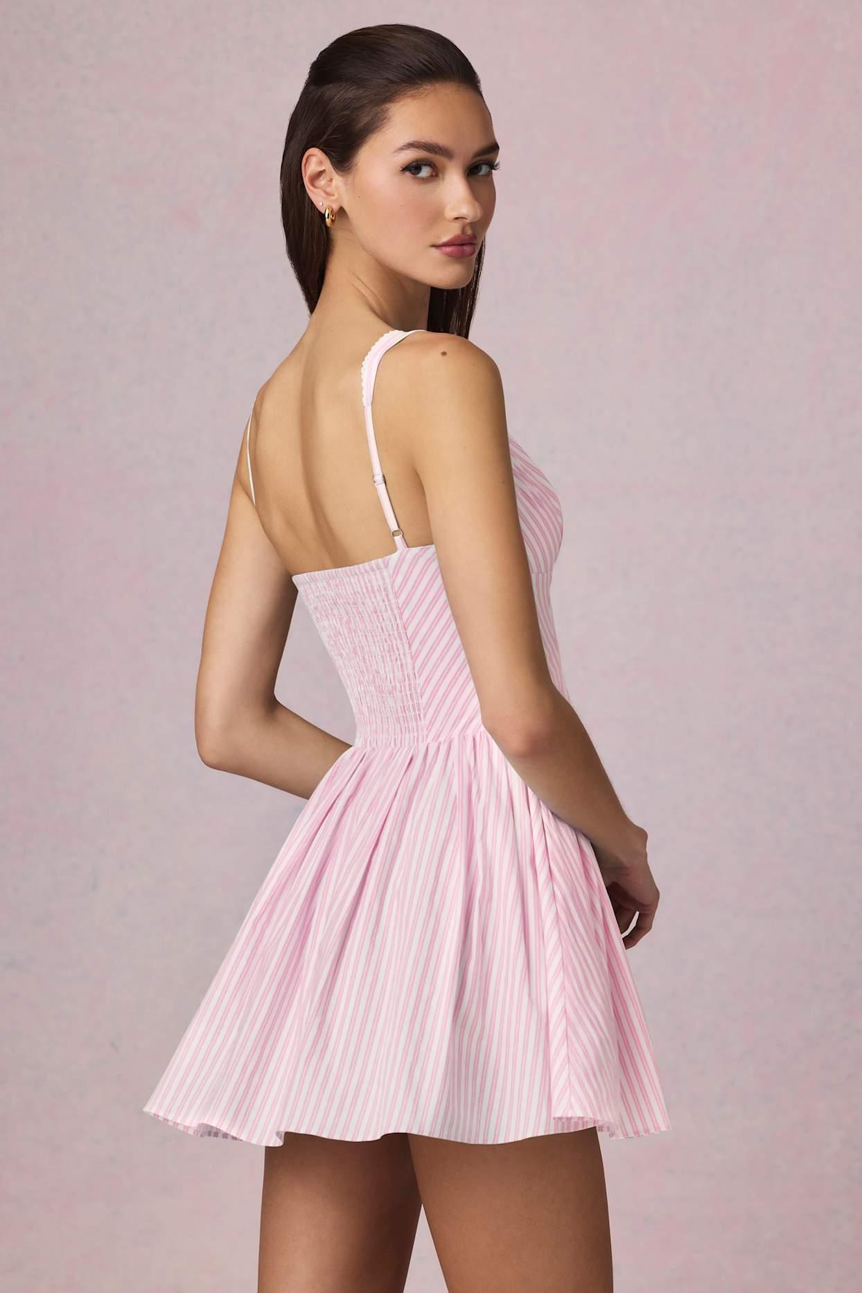 Bow-Detail A-Line Mini Dress in Soft Mauve Stripe Product Image