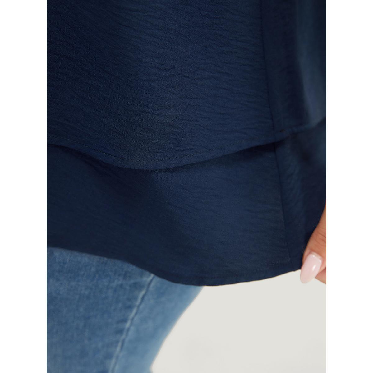 Plus Size Indigo Solid Flutter Sleeve Keyhole Layered Hem Blouse Women Office Short sleeve V-neck Work Blouses BloomChic 26/4X Product Image