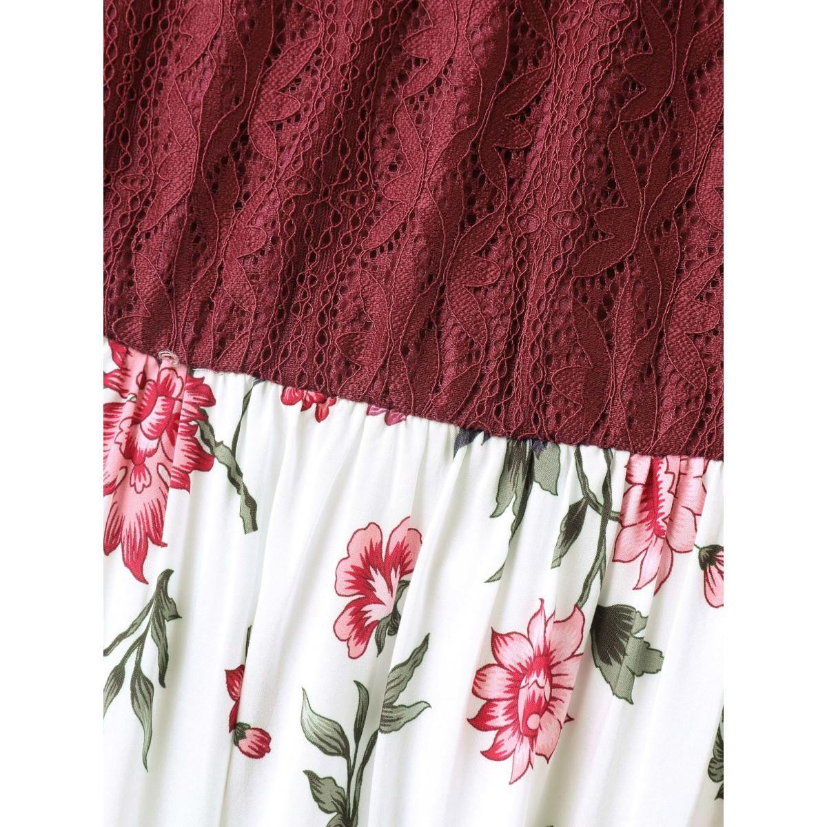 Plus Size Floral Lace Stretchy Waist Contrast Midi Dress Burgundy Women Round Neck Short sleeve Curvy BloomChic 14-16/1X Product Image