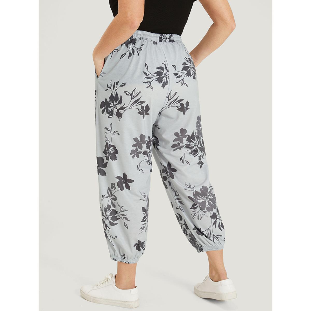 Silhouette Floral Print Pocket Elastic Waist Sweatpants DarkGray Plus Size Women Casual Everyday Elastic Waist 26/4X Bloomchic Product Image