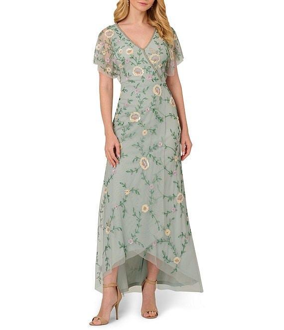 Adrianna Papell V-Neck Flutter Sleeve Floral Beaded Mesh Hi-Lo Gown Product Image