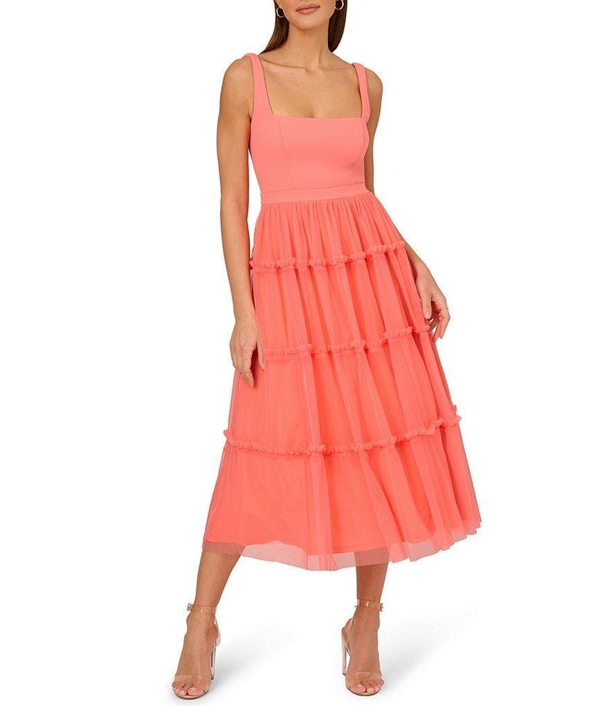 Adrianna by Adrianna Papell Knit Mesh Square Neck Sleeveless Tiered Ruffle Midi Dress Product Image