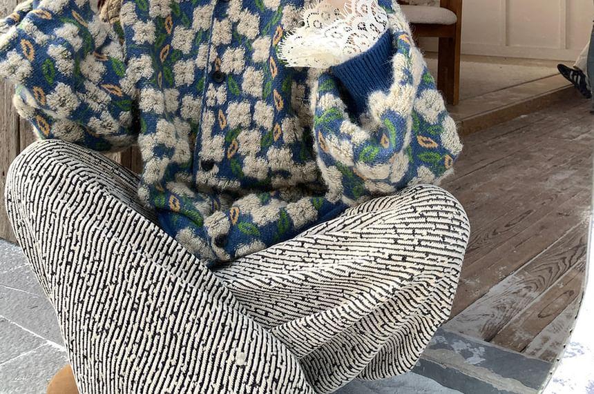 Round Neck Floral Button Cardigan / Long-Sleeve Plain Lace Blouse / Mid Rise Patterned Wide Leg Pants Product Image