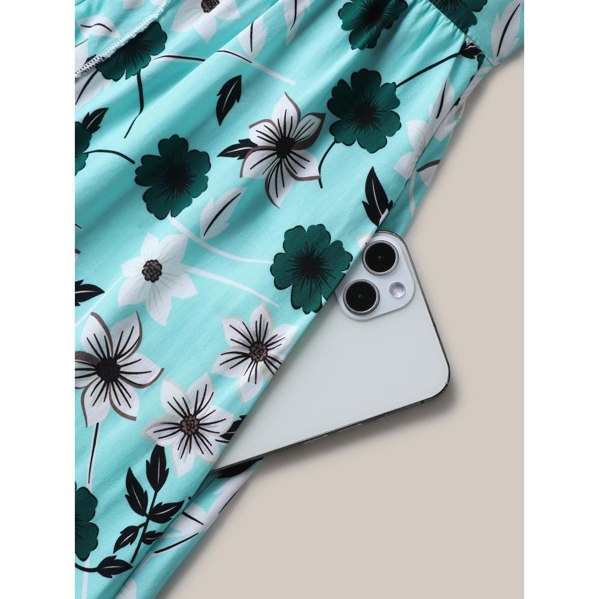 Plus Size Off-Shoulder Floral Print Adjustable Midi Dress Turquoise Women Non Sleeveless Curvy BloomChic 30/6X Product Image