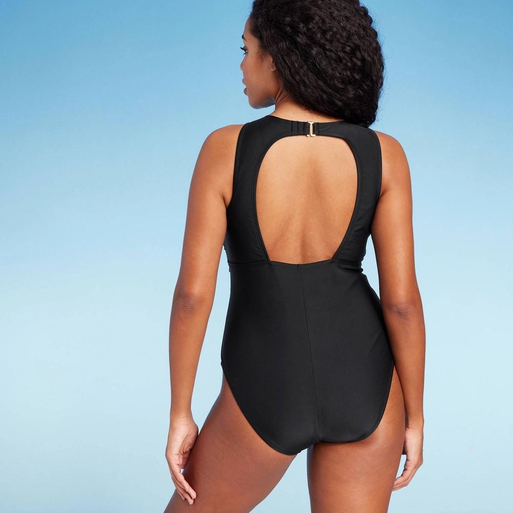 Women's High Neck Medium Coverage One Piece Swimsuit - Shade & Shore™ Black Product Image