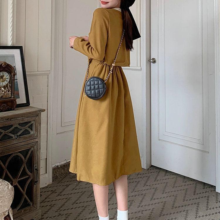 Set: Spaghetti Strap Plain Corduroy Midi A-Line Dress + Round Neck Contrast Trim Button Jacket Product Image