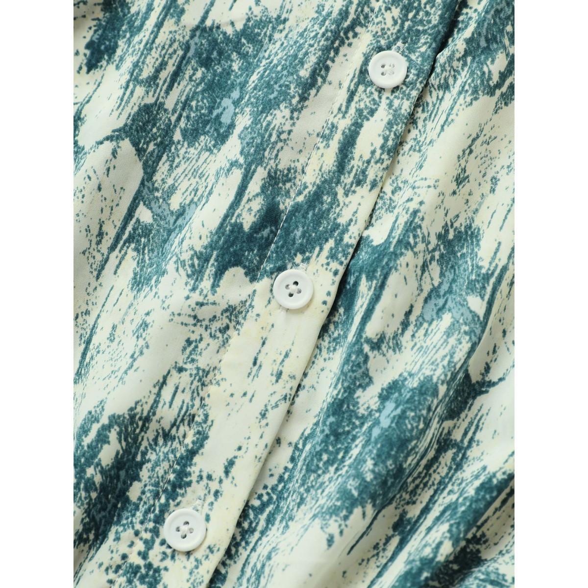 Plus Size Gradient Dyeing Print Shirt Collar Belted Dress Mediumblue Women At the Office Shirt collar Short sleeve Curvy BloomChic 30/6X Product Image