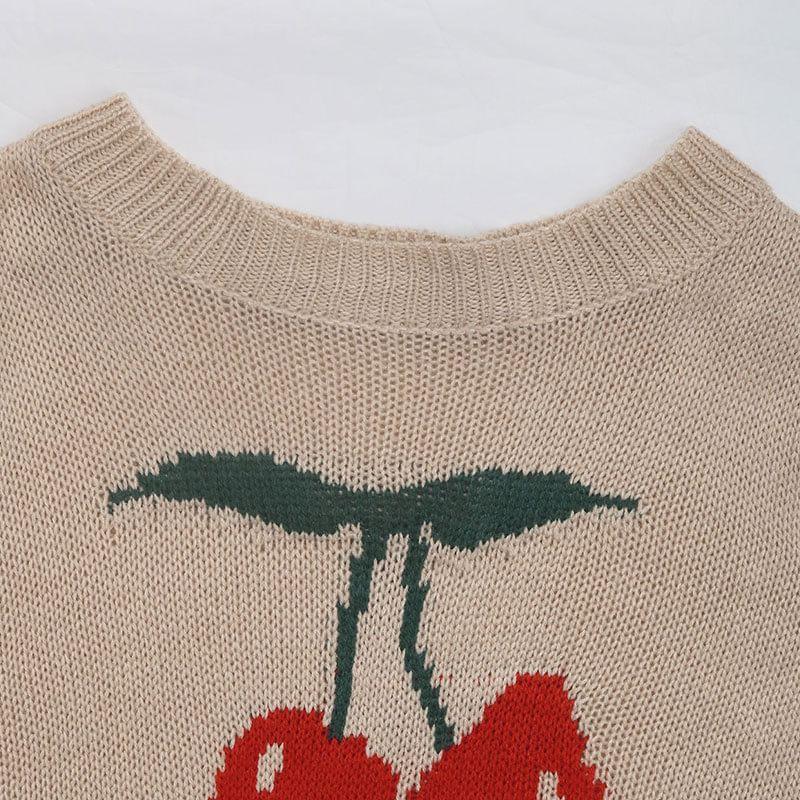 Drop Shoulder Round Neck Cherry Print Sweater Product Image