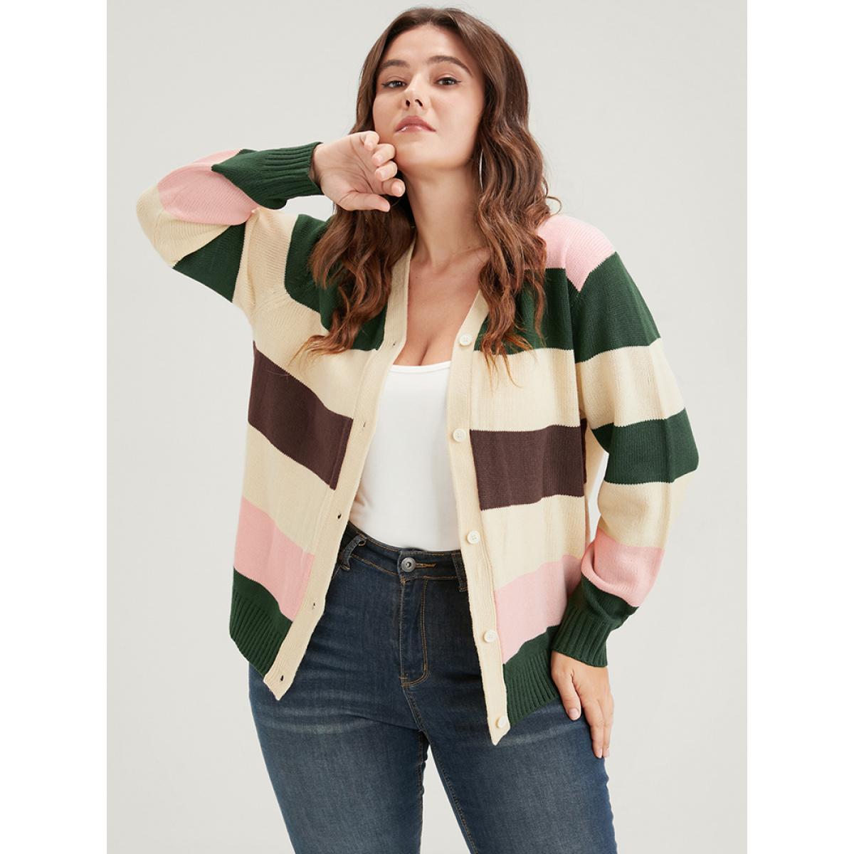 Plus Size Striped Colorblock Contrast Pointelle Knit Button Front Cardigan Beige Women Casual Long Sleeve Dailywear Cardigans BloomChic 26/4X Product Image
