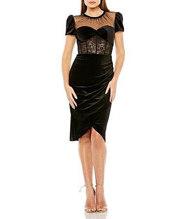 Mac Duggal Sheer Bustier Top Lace Asymmetrical Hemline Dress Product Image