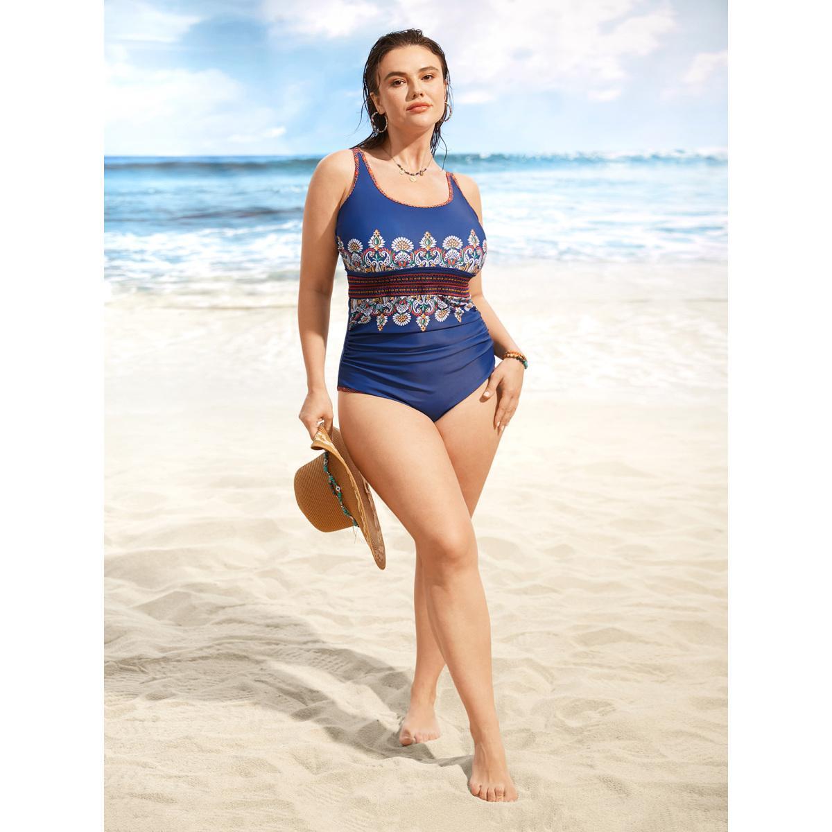 Plus Size U Neck Bandana Contrast Webbing One Piece Swimsuit Women's Swimwear Mediumblue Beach Woven ribbon&lace trim Curve Bathing Suits High stretch One Pieces BloomChic 22-24/3X Product Image