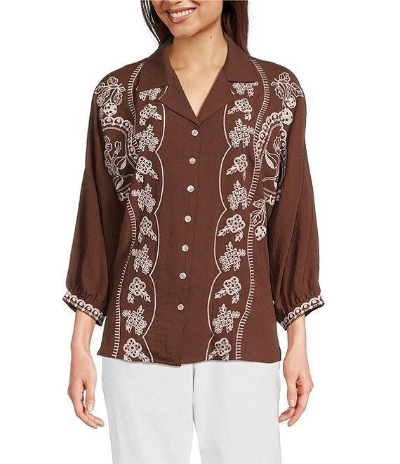 Tru Luxe Jeans Embroidered 3/4 Dolman Sleeve Button Front Shirt Product Image