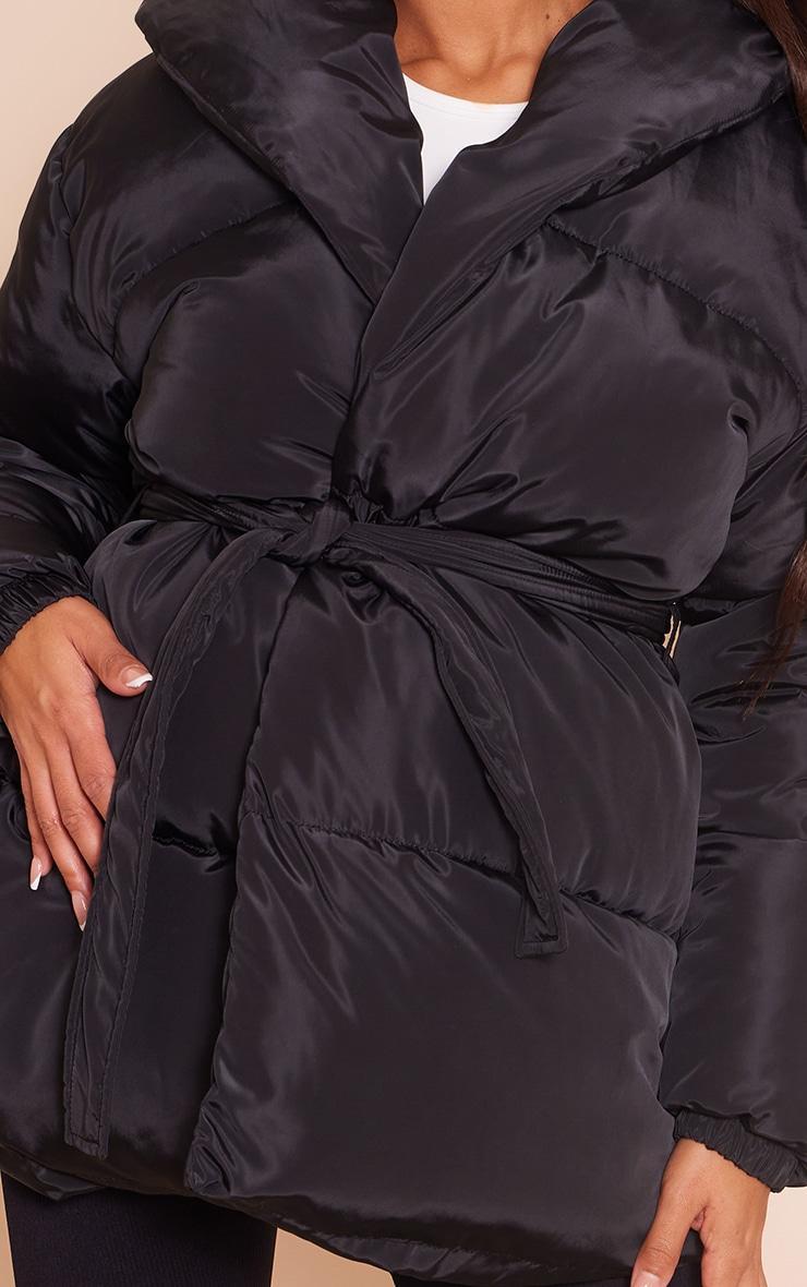 Maternity Black Oversized Collar Belt Puffer Coat Product Image