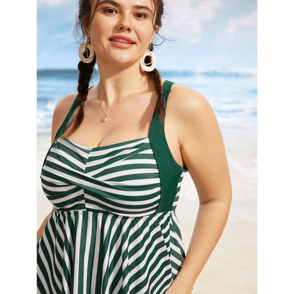 Plus Size Striped Twist Front Patchwork Gathered Swim Top Women's Swimwear DarkGreen Beach Twist High stretch Bodycon Heart neckline Curve Swim Tops BloomChic 28/5X Product Image