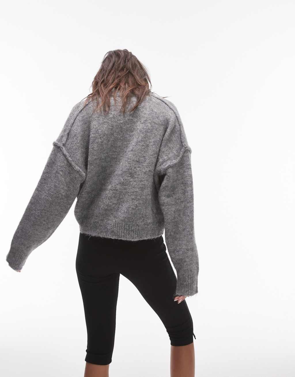 Topshop knit high V-neck fluffy sweater in gray Product Image